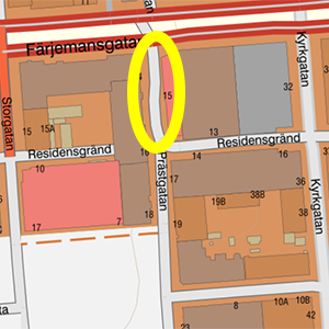 Karta där Prästgatan mellan Färjemansgatan och Residensgränd är markerad