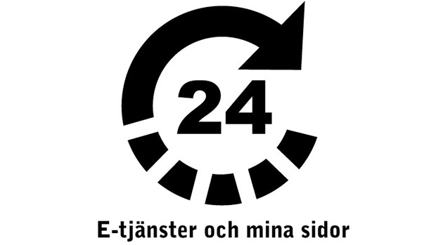 Symbol med pil i cirkel och 24 inuti. Under är det texten E-tjänster och mina sidor.