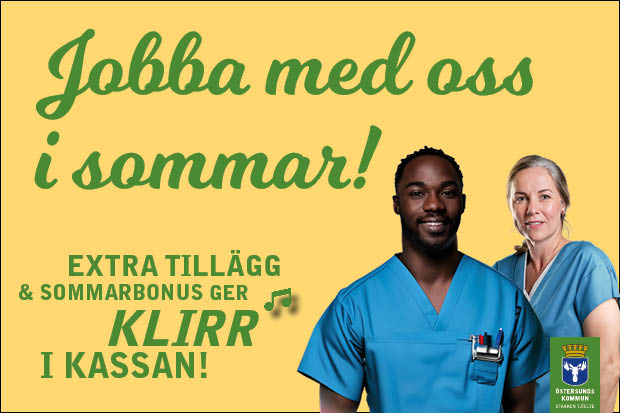 Bild: Två personer iklädda arbetskläder. Text: Jobba med oss i sommar! Extra tillägg och sommarbonus ger klirr i kassan!