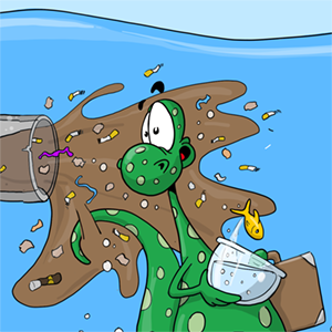 Illustration av det lilla storsjöodjuret Birger som flyr undan utloppet 
för regn- och smältvatten som är fullt av fimpar och snus. Klicka och läs om lösningen.