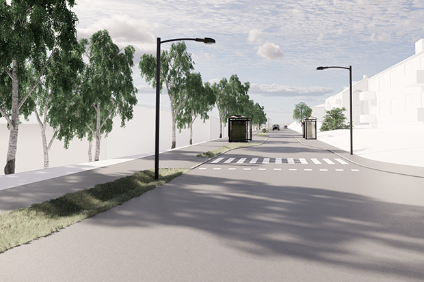 Illustration: Fritzhemsgatan som den kommer att se ut med cykelbana och säkrare busshållplatser