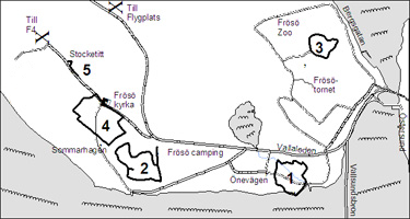 Bilden visar en karta över kultur-och naturstigarna på Frösön