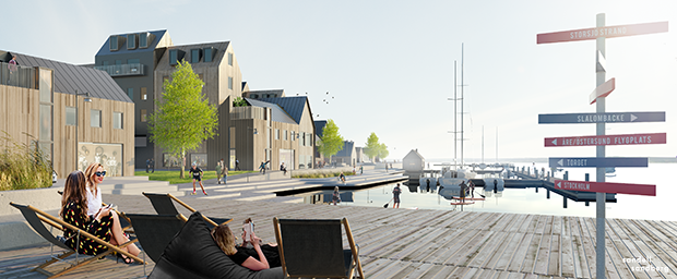 Illustration över den tänkta miljön vid Storsjö strand - med bryggor, hamn, bostäder och promenadstråk