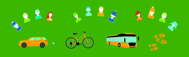 Illustrationer med människor och hållbara transportmedel på grön botten.