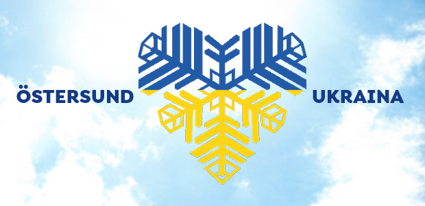 Ett hjärta i Ukrainas färger, gult och blått, och texten Östersund och Ukraina.