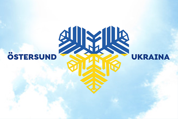 Ett hjärta i Ukrainas färger, gult och blått med texten Östersund och Ukraina.