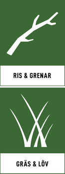 Två symboler, överst en gren, nedanför grässtrån.