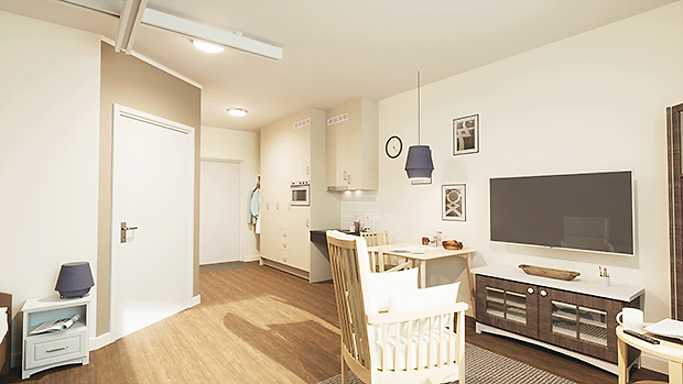 Arkitektskiss: Interiörbild från en lägenhet i boendet.