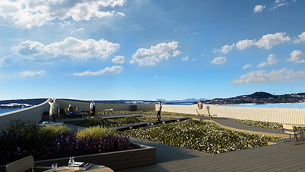 Arkitektskiss: Vy över boendets takterrass, med utsikt över Storsjön och fjällen.