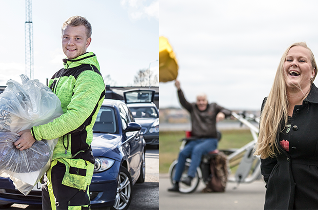 En ung man jobbar på återvinningscentralen. Han har en soppåse i sin hand. En kvinna med långt ljust hår ler in i kameran och i bakgrunden finns en äldre man på en parcykel.