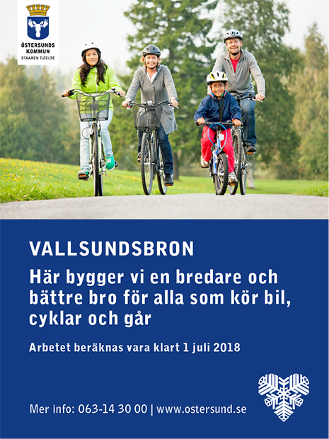 En bild på en cyklande familj samt följande text under: "Vallsundsbron. Här bygger vi en bredare och bättre bro för alla som kör bil, cyklar och går".