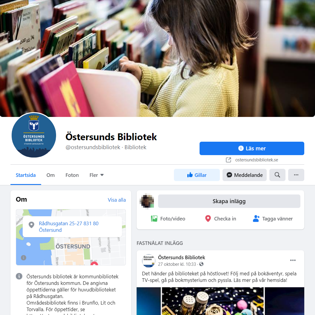 Startsidan för Östersunds biblioteks Facebook-sida med en omslagsbild samt bibliotekets profilbild i runt format under.