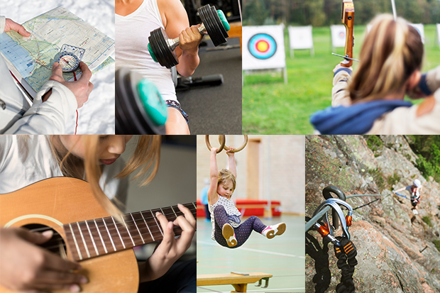 Bilden visar olika fritidsaktiviteter i ett collage.