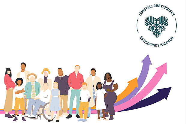 Illustration av en inkluderande grupp människor framför färgglada uppåtriktade pilar, med Östersunds kommuns logotyp för Jämställdhetspriset i övre högra hörnet.