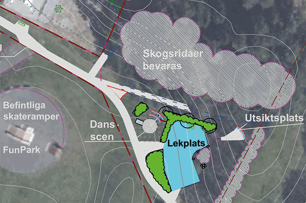 Planritning: Lekplats med gångväg, dansscen och utsiktsplats