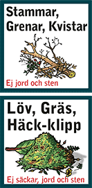 Två skyltar: Stammar, grenar, kvistar och Löv, gräs, häck-klipp