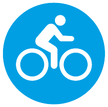 Rund blå skylt med piktogram för cykling.