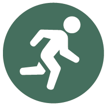 Rund mörkgrön skylt med piktogram för löpning.