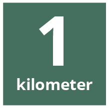 Mörkgrön skylt med texten "1 kilometer".