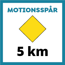 Skylt för motionsspår på 5 km med enfärgad romb i gult. Färgen på romben indikerar längden på spåret. Att hela romben har samma färg indikerar att spåret inte har belysning.