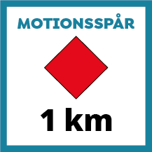 Skylt för motionsspår på 1 km med enfärgad romb i rött. Färgen på romben indikerar längden på spåret. Att hela romben har samma färg indikerar att spåret inte har belysning.