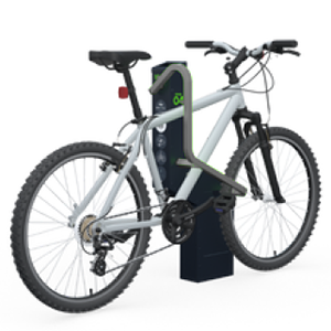 En cykel fastlåst i ett ställ med en bygel över cykeln.