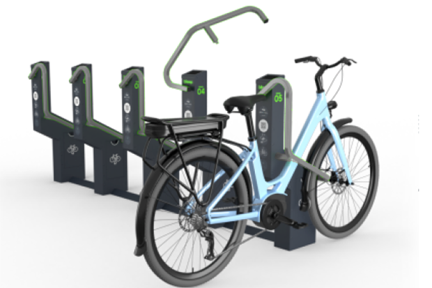 Ett cykelställ med låsbara byglar och där en cykel är fastlåst