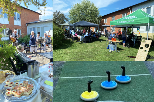 En sommarfest i en trädgård med människor som samlas under tält och lyssnar på levande musik. Till vänster finns ett band som spelar för en äldre publik. På bordet framför dem står en bricka med kakor och andra bakverk. I mitten av bilden syns en grupp människor som sitter under ett tält, och i förgrunden syns en bana för utomhuscurling med tre stenar i olika färger