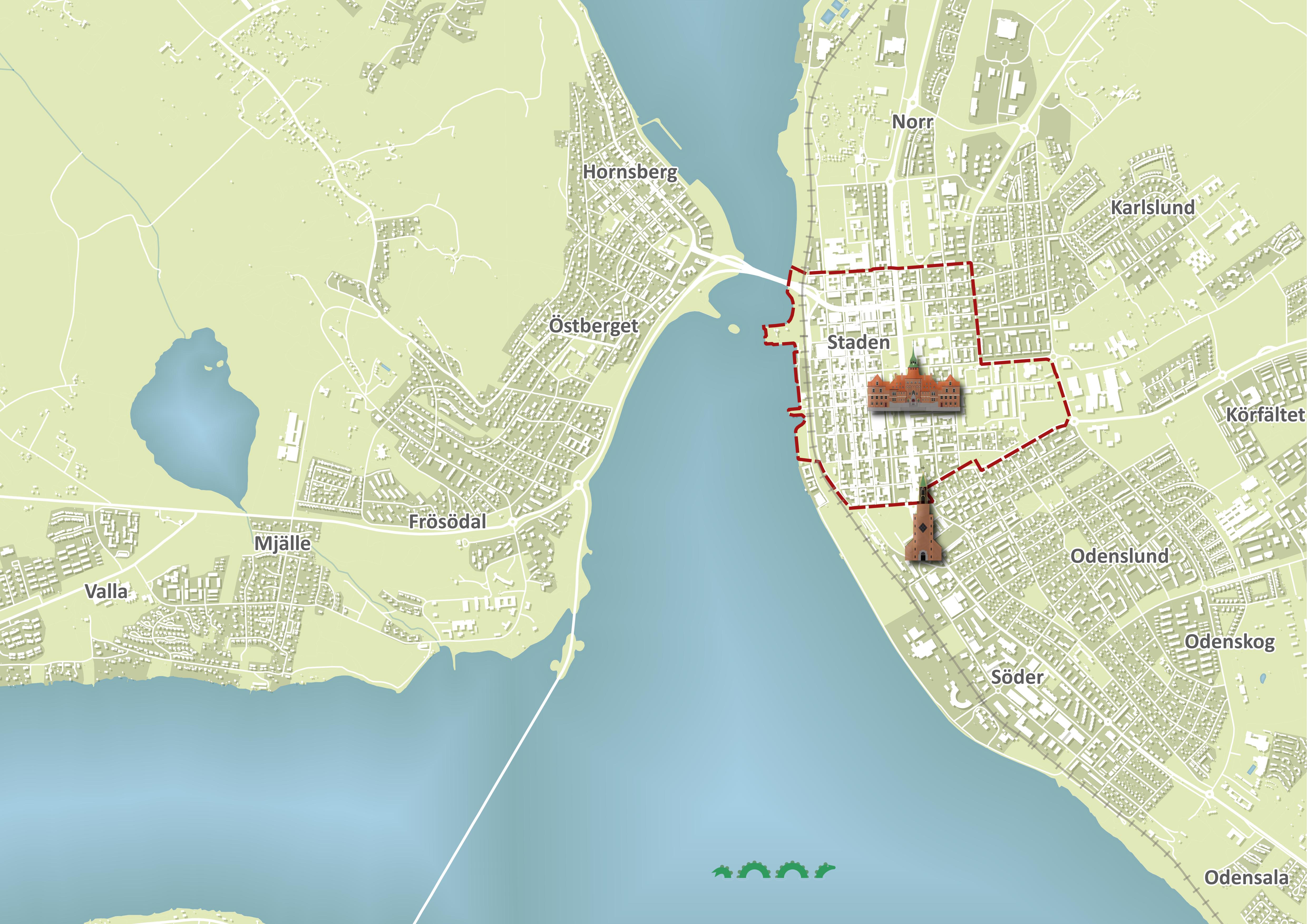 Karta över centrala Östersund med stadsdelar
