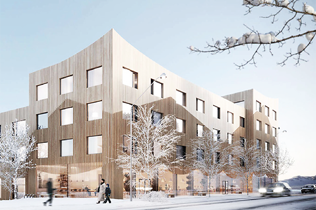 Arkitektskiss på hus i fyra våningsplan.