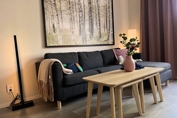 Visningslägenhet med moderna möbler, soffa och bord.