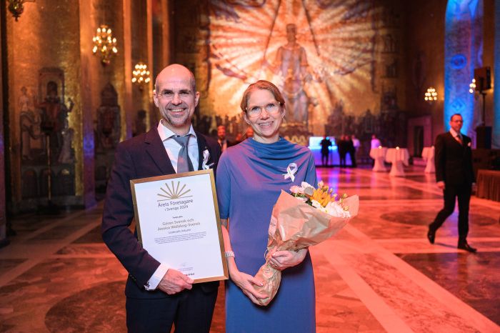 Bild på Göran och Jessica i Blå Hallen i Stockholm efter prisceremonin