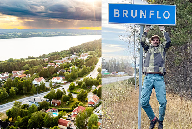 Fotomontage med två bilder, dels ett flygfoto över Brunflo, dels en bild på Simon Jaktlund som hänger i armarna under en vägskylt med ortnamnet Brunflo.