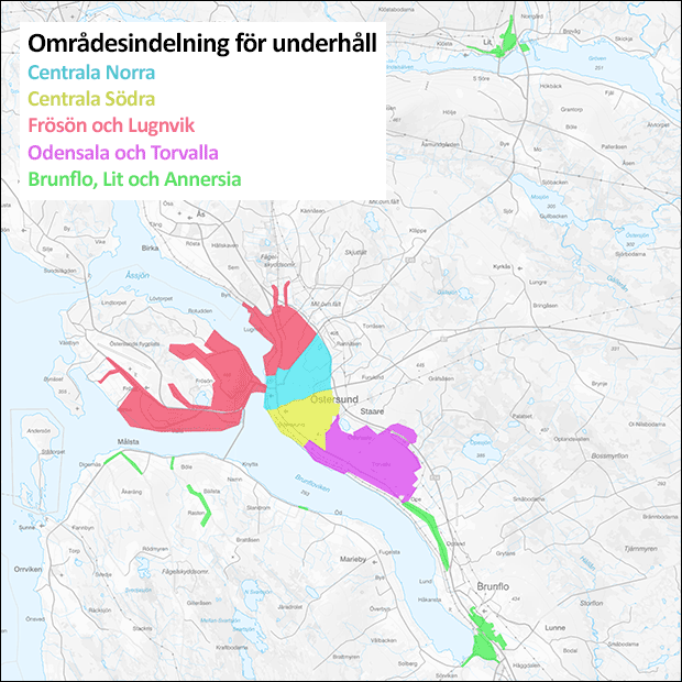 Karta där fem områden är utmärkta