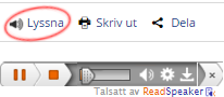 Bild på verktygsmenyn som innehåller Lyssna-länken samt ReadSpeakers reglage