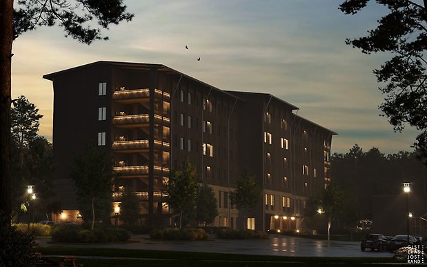 bild på byggnaden i skymning