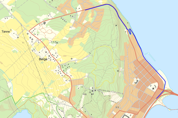 Karta över östra Frösön med den nya gång- och cykelbanan markerad