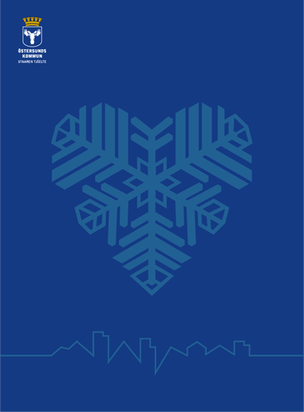 Framsida helt i profilblått med kommunens logotyp, ett stort Östersundshjärta i blått samt pulsen i blått i botten.