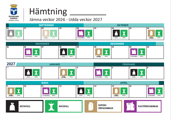 Schema med olika färger och symboler som visar vilka veckor som vilka kärl för förpackningar eller restavfall ska ställas ut. Matavfallet ställs ut till varje tillfälle