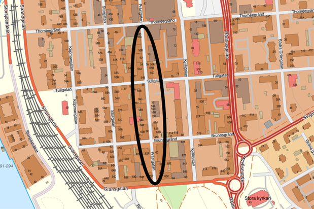 En karta där Prästgatan är markerad