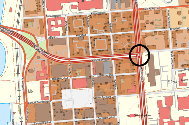 Karta där korsningen Rådhusgatan - Färjemansgatan är markerad