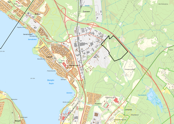 Översiktskarta som visar vart planområdet ligger i staden. Planområdet ligger nordöst om kraftvärmeverken i Lugnvik.