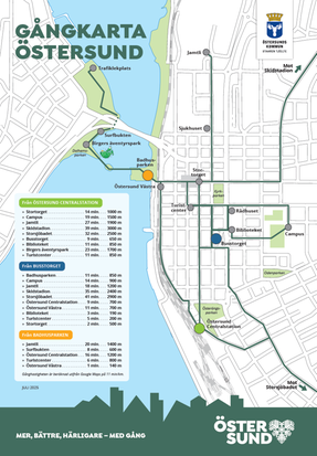 Karta över centrala Östersund som visar hur lång tid det tar mellan destinationer. 