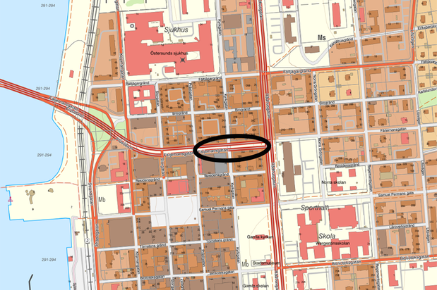 Karta över centrala stan där Färjemansgatan är markerad