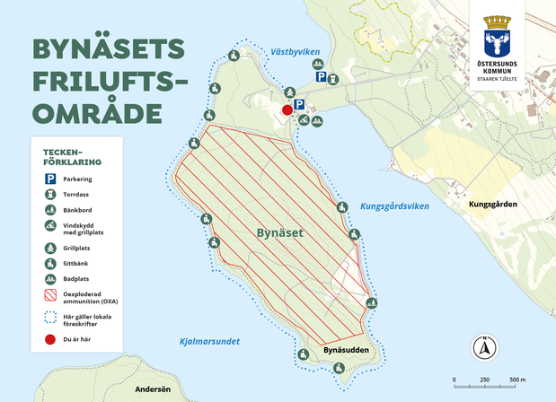 Karta över Bynäset med stigar och område förbjudet utmärkta
