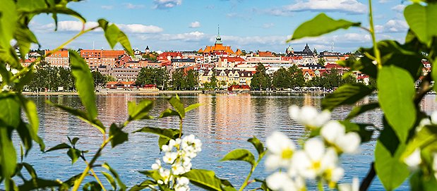 Östersund skyline med Rådhuset i mitten och sommargrönt runt om