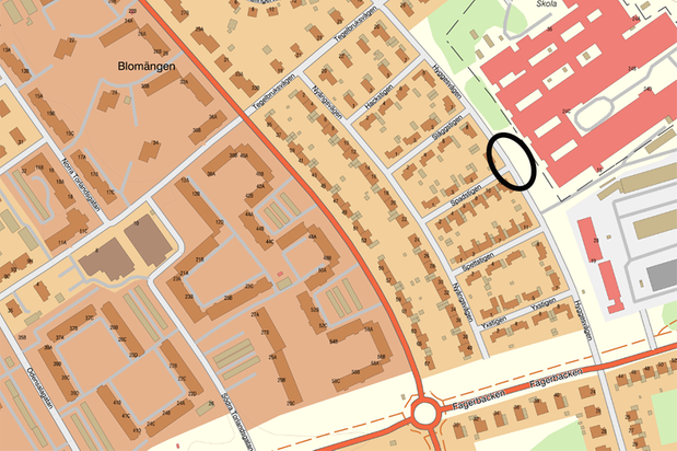 Karta där Hyggesvägen är markerad vid Spadstigen