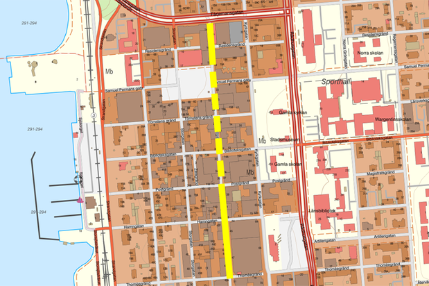 Karta där Prästgatan är markerad från Färjemansleden till Thoméegränd