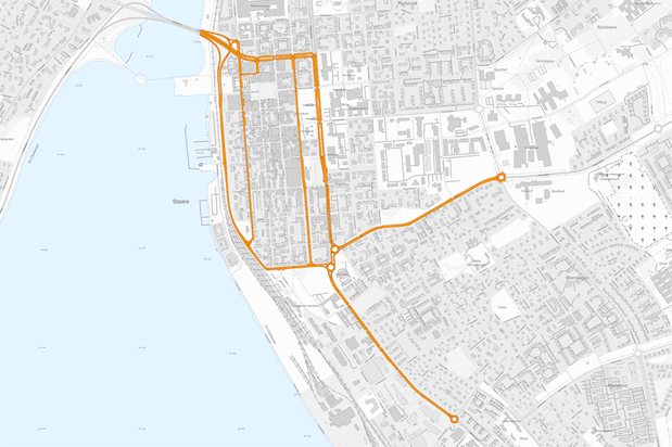 Karta där Färjemansgatan, Strandgatan, Kyrkgatan, Rådhusgatan, Gränsgatan samt Stuguvägen är markerade