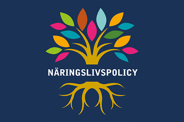 bild på en illustration som symboliserar näringslivspolicyn i form av ett träd, där olikfärgade löv blommar ut från trädet